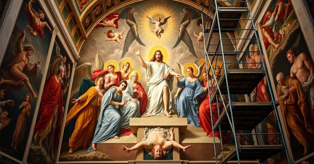 Fresk "Sąd Ostateczny" Michaela Anioła w Kaplicy Sykstyńskiej podczas konserwacji przez struktury watykańskie pod kierunkiem Barbary Jatty.