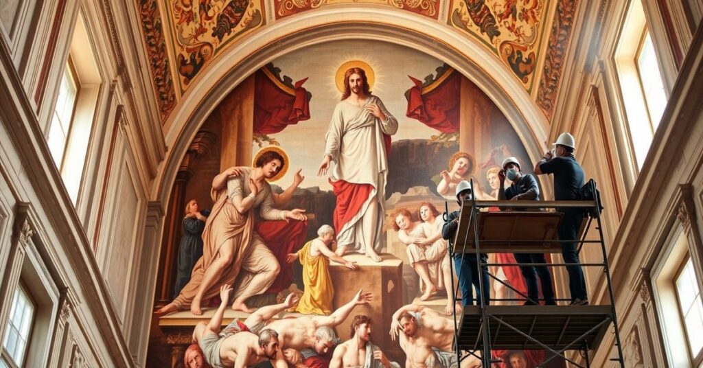 Konserwacja fresku "Sąd Ostateczny" w Kaplicy Sykstyńskiej - zespół konserwatorów pracuje na rusztowaniu przy odnowieniu dzieła sztuki