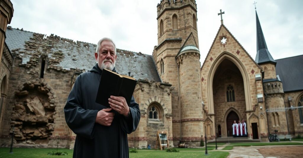 Obraz klasztoru cystersów w Wąchocku z niszczącym się piaskowcem i pracami konserwatorskimi. W tle widoczna jest Msza Novus Ordo, co symbolizuje zaniedbanie duchowości.