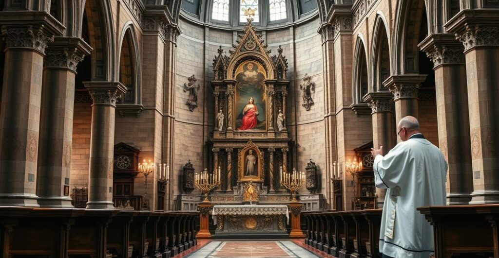Rewersyjną scena w tradycyjnym katolickim kościele, ukazująca konserwację zabytkowych artefaktów sakralnych, podkreślając powagę i duchowość, z kapłanem w liturgicznym stroju, w atmosferze czci i szacunku dla dziedzictwa Kościoła