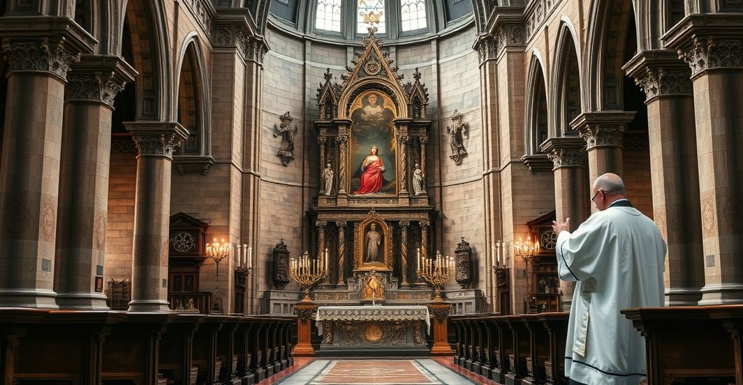 Rewersyjną scena w tradycyjnym katolickim kościele, ukazująca konserwację zabytkowych artefaktów sakralnych, podkreślając powagę i duchowość, z kapłanem w liturgicznym stroju, w atmosferze czci i szacunku dla dziedzictwa Kościoła