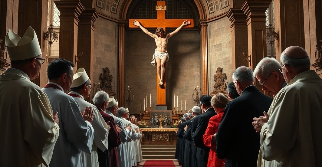 Konserwatywna scena katolicka z duchownymi i wiernymi modlącymi się przed krucyfiksem, symbolizująca krytykę modernistycznych działań na Ukrainie