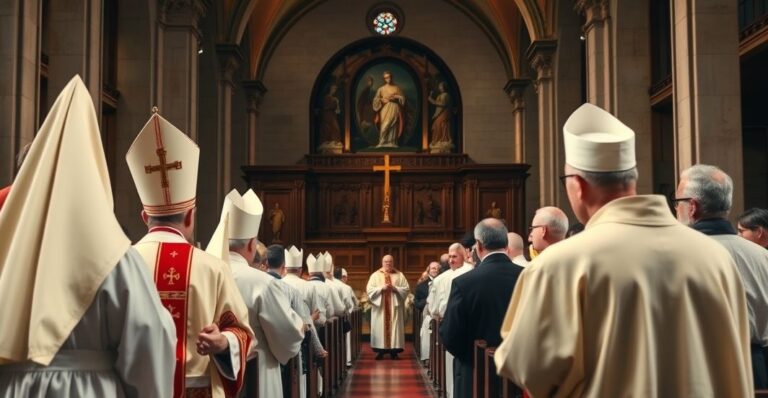 Rewersyjny obraz katolickich duchownych i wiernych podczas zgromadzenia, odzwierciedlający krytyczne spojrzenie na ekumenizm i modernistyczne tendencje w Kościele