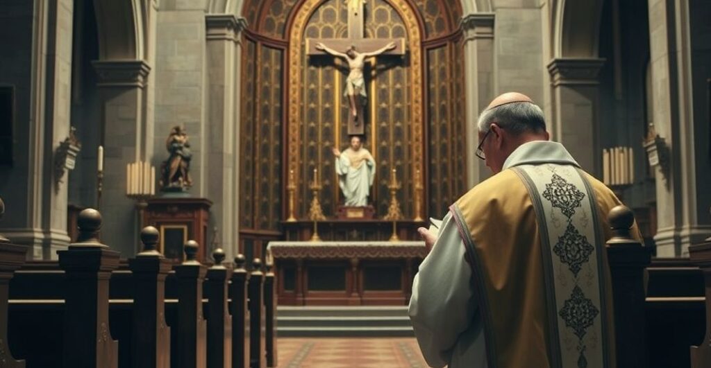 Konserwatywny kapłan modli się w tradycyjnej katolickiej świątyni, wyraz smutku i głębokiej wiary na twarzy, w otoczeniu liturgicznych elementów, symbolizujący wierność nauce Kościoła.