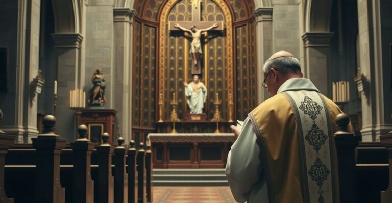 Konserwatywny kapłan modli się w tradycyjnej katolickiej świątyni, wyraz smutku i głębokiej wiary na twarzy, w otoczeniu liturgicznych elementów, symbolizujący wierność nauce Kościoła.
