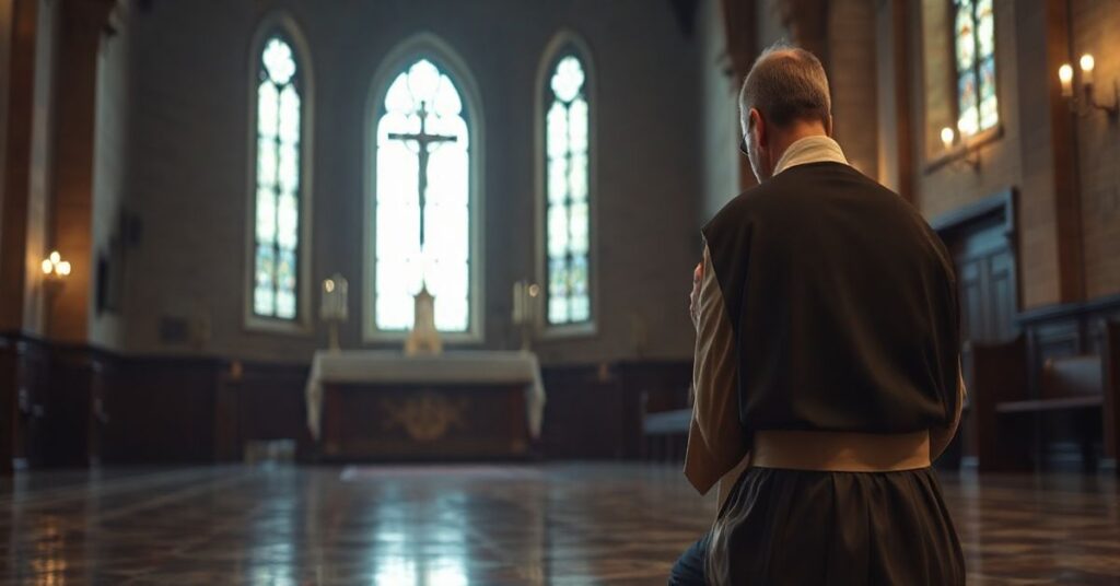 Konserwatywny seminarian katolicki modli się w starym kościele, podkreślając głębię wiary i tradycji