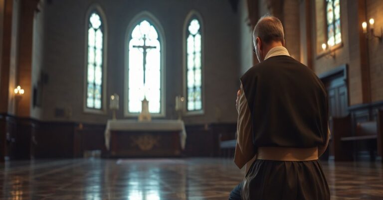 Konserwatywny seminarian katolicki modli się w starym kościele, podkreślając głębię wiary i tradycji