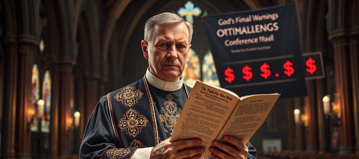 Handel duchowym strachem: sekta posoborowa i fałszywe objawienia Fatimy Tradycyjny katolicki ksiądz w prekoncyliarnych ornatach w gotyckim kościele przy trzymaniu wstrząśniętego przez postulat Fatimy