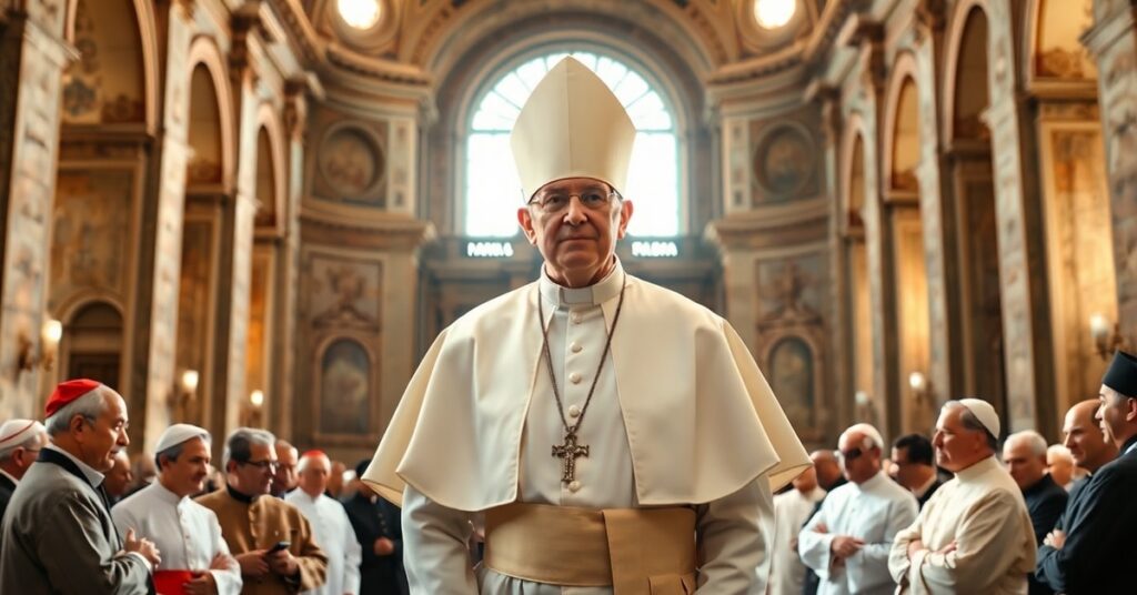 Portret modernistycznego duchownego w białych szatach papieskich podczas konsystorza w Watykanie otoczony przez duchownych w dyskusji