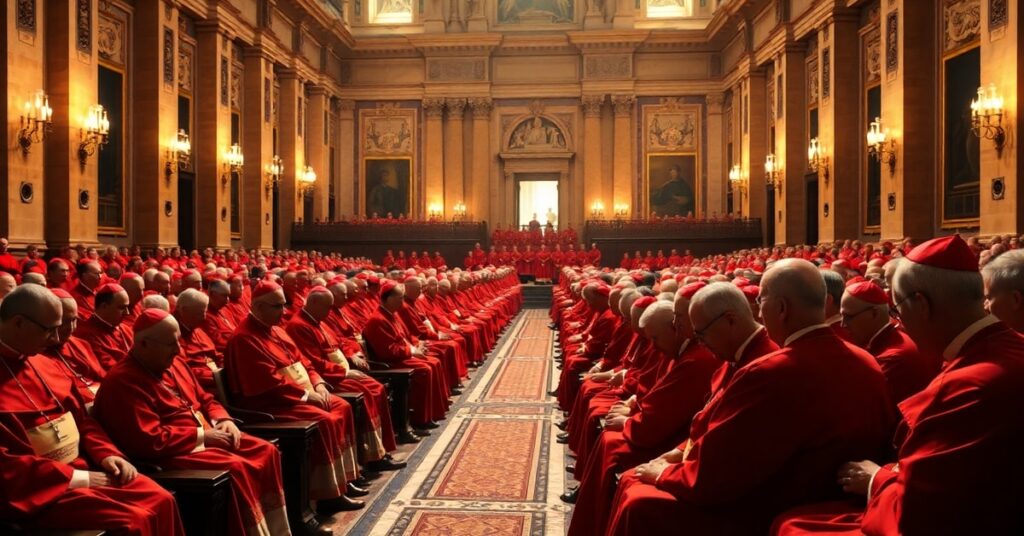 Konsystorz watykański z kardynałami w czerwonych szatach podczas nadzwyczajnych obrad pod przewodnictwem fałszywego papieża Leona XIV – symbol zdradzieckiej synodalnej herezji i naturalizmu w Kościele