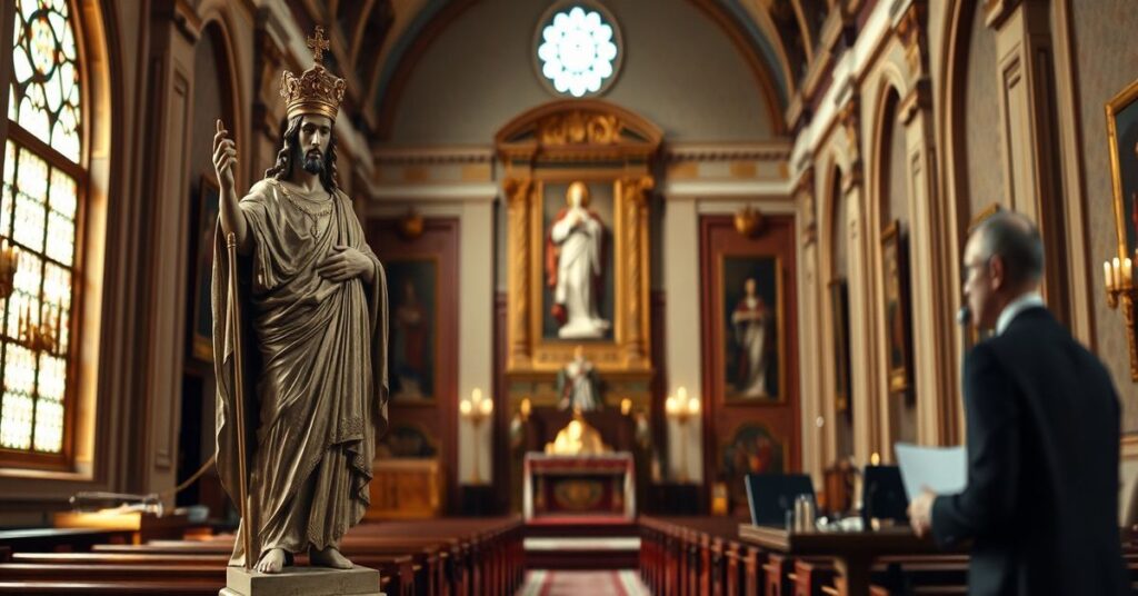 Obraz przedstawiający kontrast między prawdziwą władzą Chrystusa Króla a sekularyzacją Watykanu, z uwypukleniem apostazji nowego porządku świata