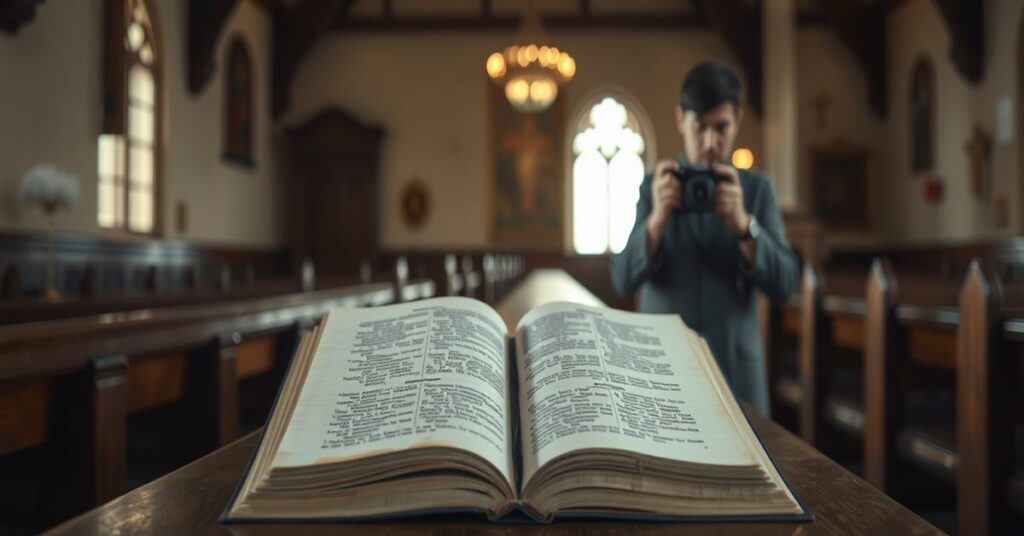 Stary kościół katolicki z otwartą książką nauk przedsoborowych na ławce. Tło przedstawia zlewność nowoczesnego dziennikarstwa z heretyckim środowiskiem.