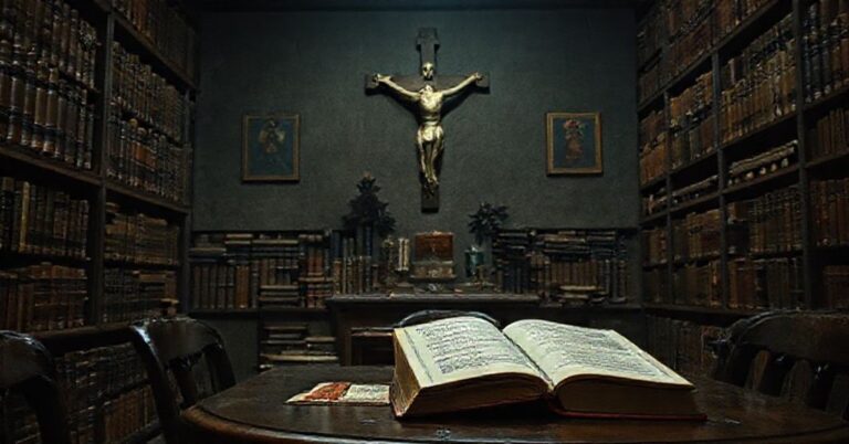 Obraz przedstawiający kontrast między tradycyjnymi katolickimi wartościami a nihilizmem współczesnej kultury, z podkreśleniem wpływu Milana Kundery.