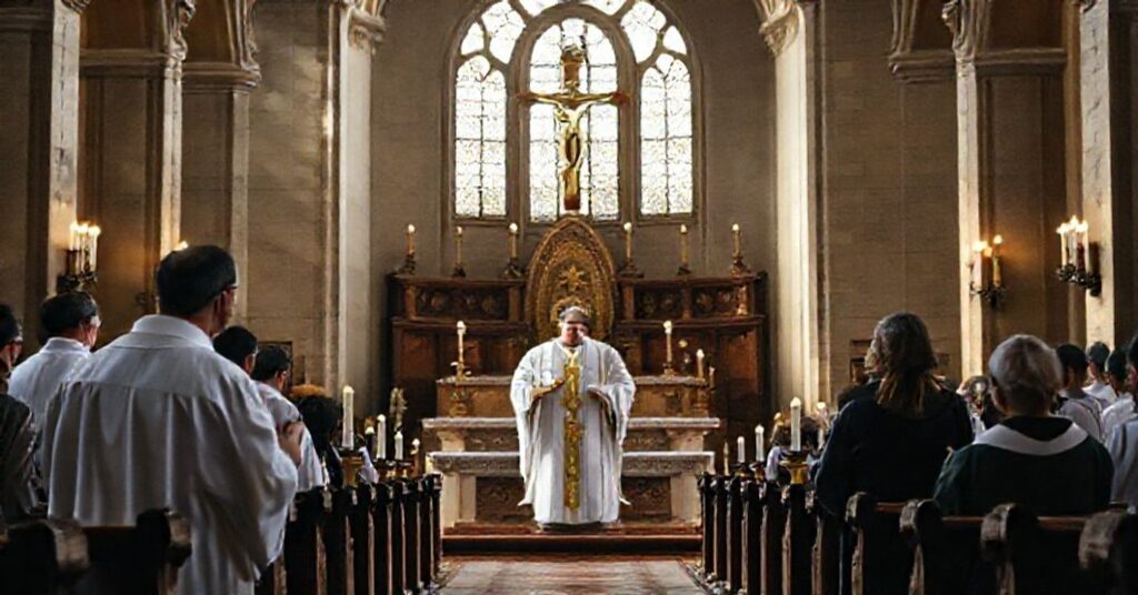 Wnętrze kościoła z tradycyjnymi katolickimi symbolami i kontrastującymi postaciami duchownych.