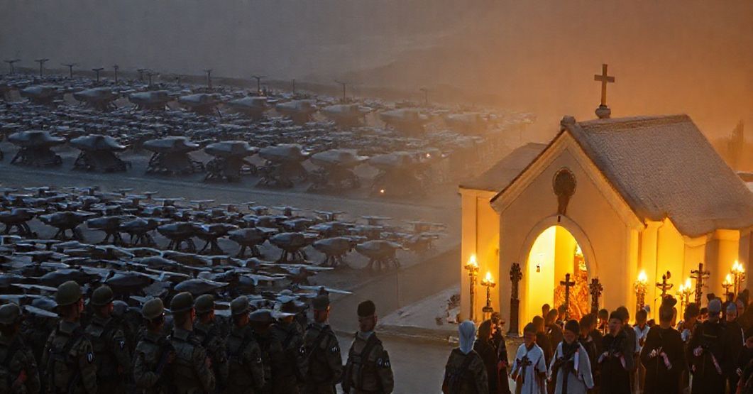 Scena wojskowej bazy z dronami i zaawansowanymi technologiami w kontrast z procesją katolicką pod przewodnictwem Najświętszego Sakramentu