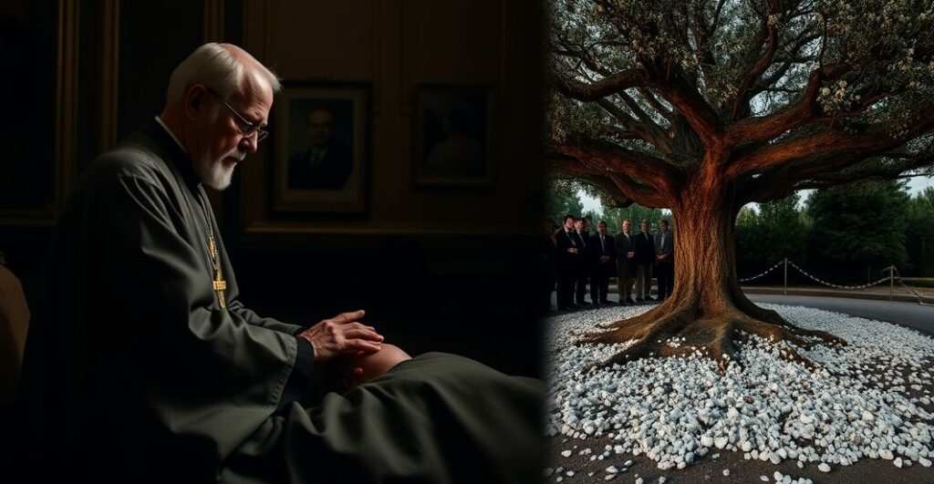 Zdjęcie przedstawiające porównanie tradycyjnego katolickiego pogrzebu z nowoczesnym rytuałem pogrzebowym bez Boga, podkreślające brak sakramentów i duchowej pustki.