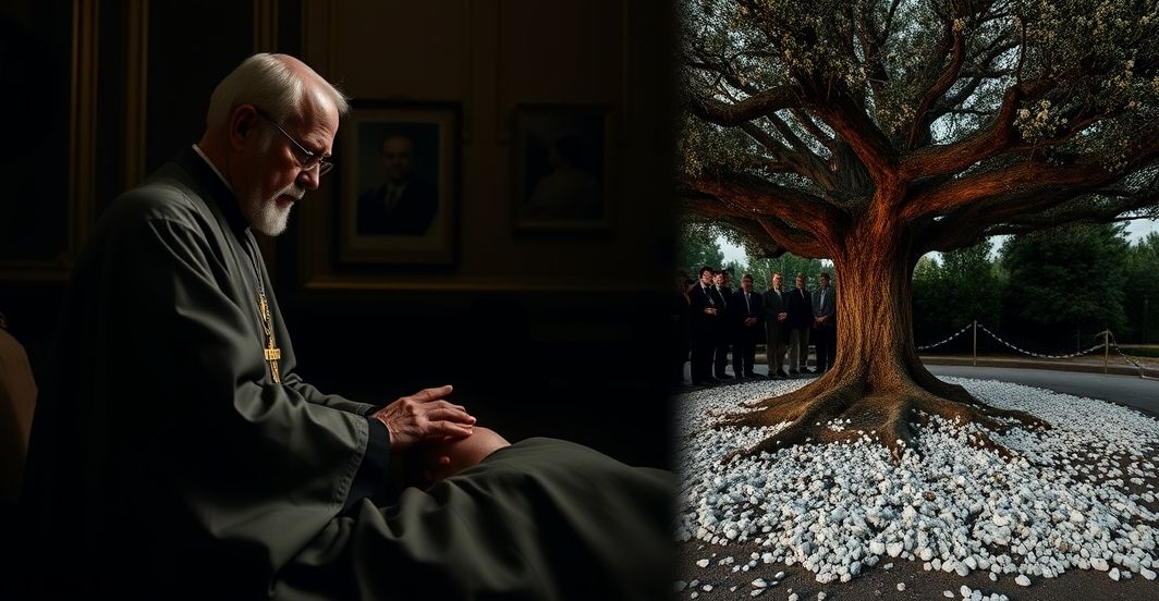 Zdjęcie przedstawiające porównanie tradycyjnego katolickiego pogrzebu z nowoczesnym rytuałem pogrzebowym bez Boga, podkreślające brak sakramentów i duchowej pustki.