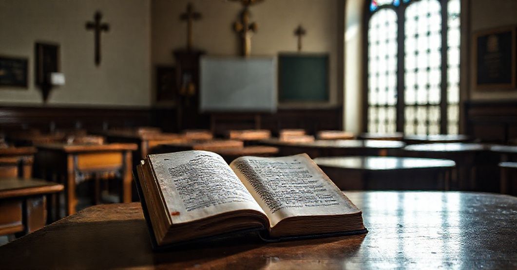 Pusty klasyczny katolicki pokój szkolny z krzyżami, starannie ułożonymi stołami i nowoczesnym tabletem na biurku nauczyciela, z tekstem listu "Disegnare nuove mappe di speranza" Leona XIV leżącym na stole.