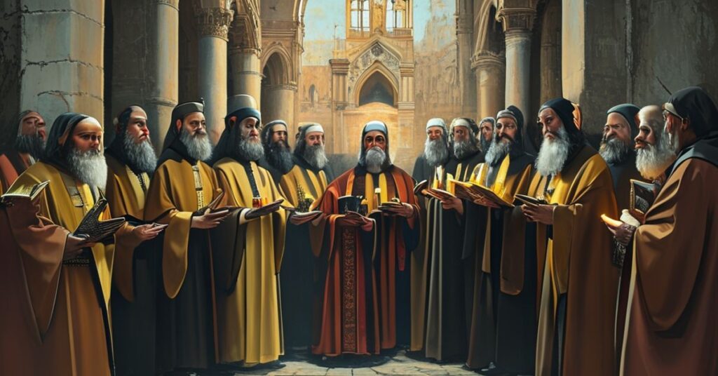 Grupa tradycyjnych katolickich księży w sutannach stoi przed starym katedrą, trzymając świece i Biblii, podczas gdy tłum "ekumenistycznych" postaci w zwykłym ubraniu patrzy z zaskoczeniem. Scena jest realistyczna i uroczysta, podkreślając kontrast między prawdziwą misją Kościoła a nowoczesnymi odchyleniami.