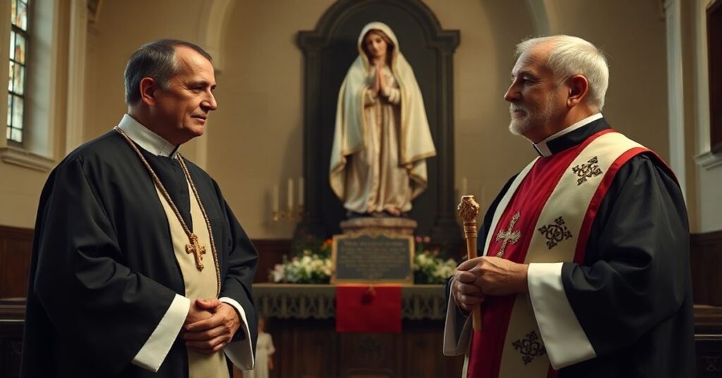 Tradycyjny księd w kasułce i surplicjum patrzy z rokujeniem na nowoczesnego "kapłana" z sekty posoborowej w środowisku kościołowym. Tło symbolizuje konflikt wiary katolickiej z modernistyczną misją.