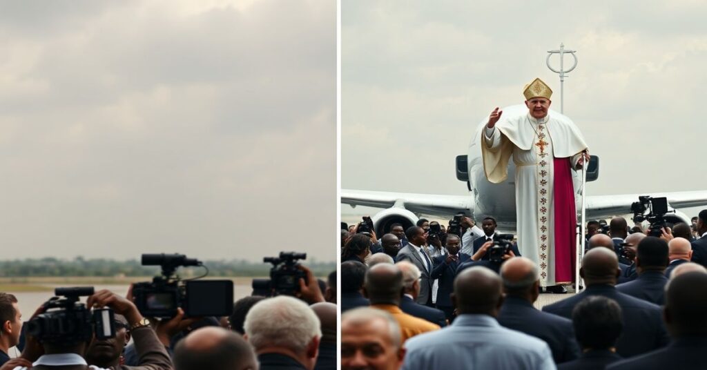 Obraz przedstawiający kontrast między prawdziwą Mszą w rzymskim obrzędzie trydentyńskim a modernistyczną 'celebracją' z udziałem fałszywego lidera na lotnisku w Kamerunie.