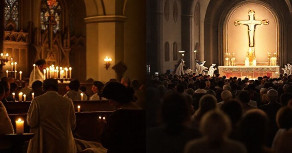 Obraz przedstawiający tradycyjną mszę trydencką w kontrastowym porównaniu z nowożytną mszą "pasterską" w świetle katolickiej ortodoksji.