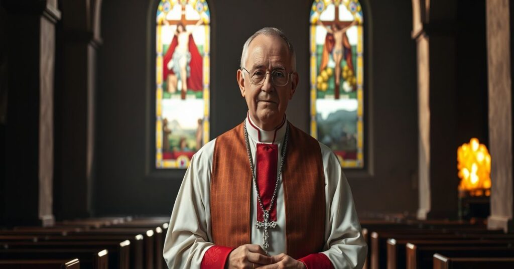 Biskup w tradycyjnych szatach modli się w kościele z witrażem przedstawiającym Ukrzyżowanie na tle wojny.