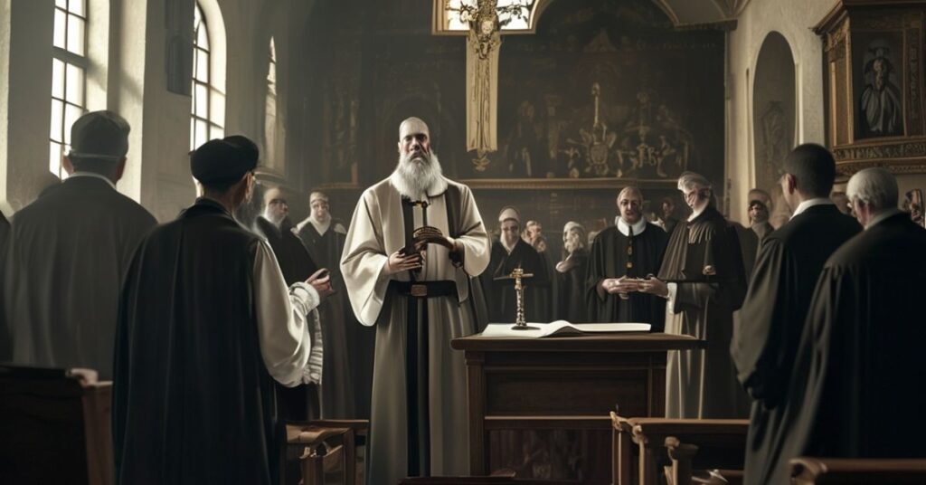 Solemne zdjęcie przedstawiające tradycyjnego kapłana sedevacantystowskiego przed ołtarzem w kontrast z modernistycznymi duchownymi angażującymi się w ekumeniczne działania.