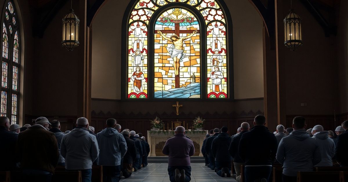 Tradycyjny kościół katolicki z witrażem przedstawiającym Ukrzyżowanie Chrystusa. Sportowcy modlący się przed ołtarzem, podkreślając duchowy aspekt wiary.