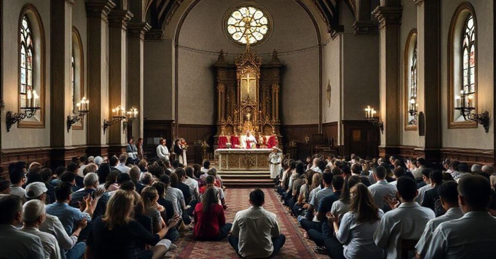 Wnętrze tradycyjnego kościoła katolickiego z kontrastem między tradycyjną Mszą a nowoczesnym zgromadzeniem Neo-Katechumenalnym.