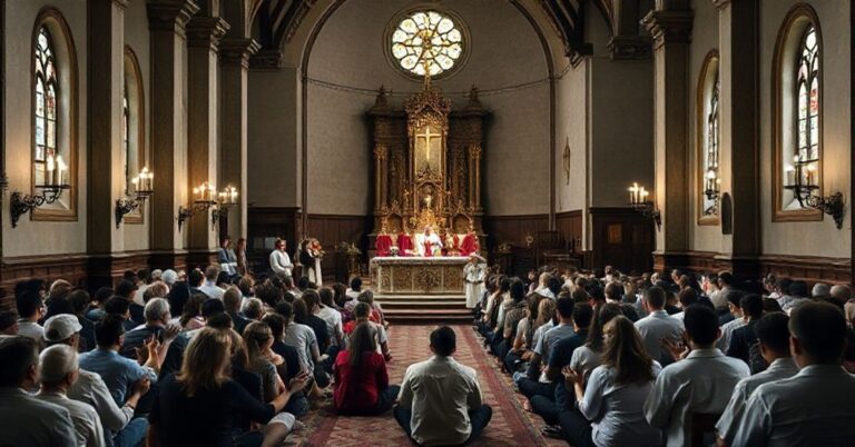 Wnętrze tradycyjnego kościoła katolickiego z kontrastem między tradycyjną Mszą a nowoczesnym zgromadzeniem Neo-Katechumenalnym.