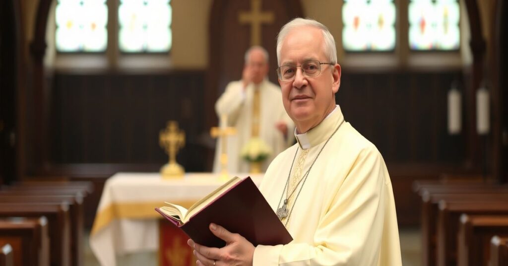 Tradycyjny ksiądz w pełnym stroju liturgicznym stoi w ciemnym kościele, trzymając brewiarz. W tle widoczny jest rozmyta postać nowoczesnego kapłana w zwykłym ubraniu.