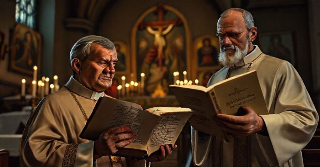 Tradycyjny ksiądz w kościele trzymający Biblię z Ewangelią w tle modernistycznej postaci w szatach papieskich z książką 'Utopia humanitarna'.