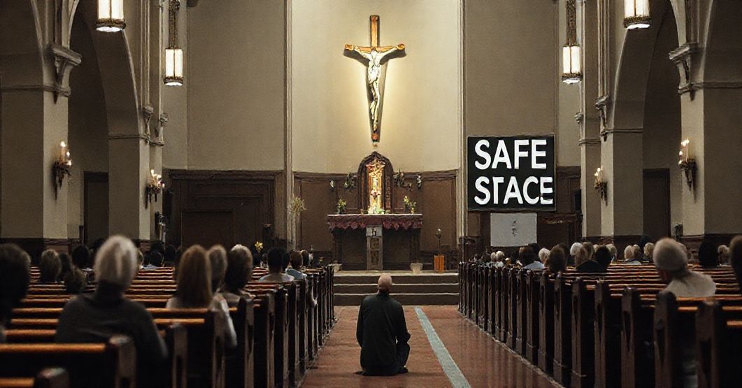 Katolicka kaplica z tradycyjnym ołtarzem i wiernymi w modlitwie, z subtelnym akcentem 'bezpiecznego miejsca' w tle