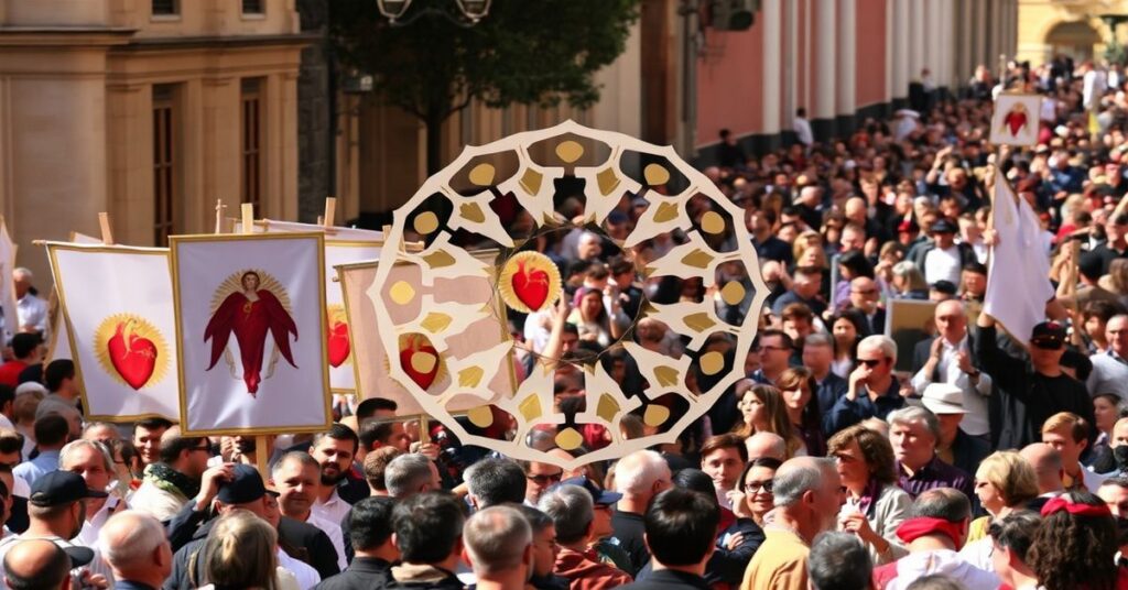 Procesja katolicka w Hiszpanii z tradycyjnymi symbolami wiary przeciwko nowoczesnym symbolom sekty posoborowej