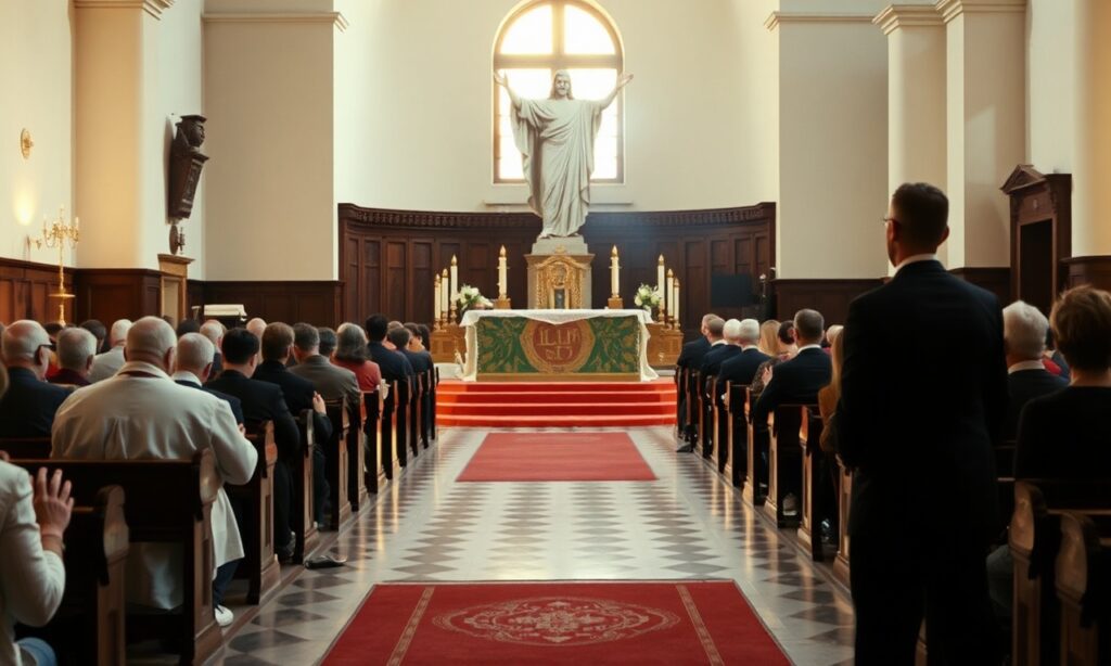 Tradycyjny wnętrze kościoła katolickiego z figurą Chrystusa Króla na tle modlących się katolików i kontrastującego z nowoczesnym, świeckim otoczeniem Roberta Francisa Prevosta