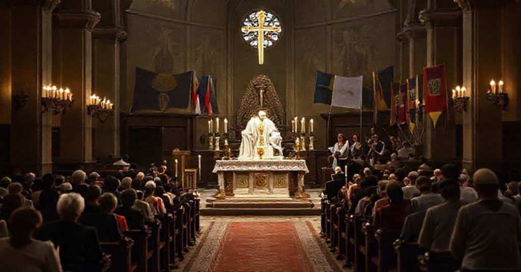 Wnętrze sanktuarium katolickiego z tradycyjnym ołtarzem i wiernymi modlącymi się w pokucie. Na tle moderniści z ekumenicznymi symbolami i niegodziwymi aktywnościami.