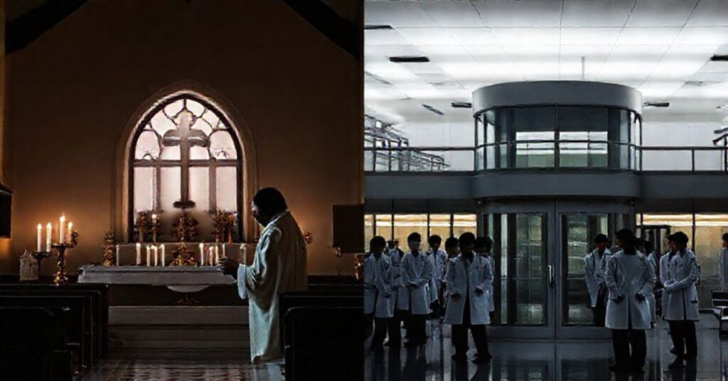 Obraz pokazuje kontrast między tradycyjnym katolickim szpitalnym kaplicą z księdzem udzielającym sakramentów a nowoczesną kliniką bez symboli religijnych. Podkreśla brak duchowego wymiaru w nowoczesnej medycynie.