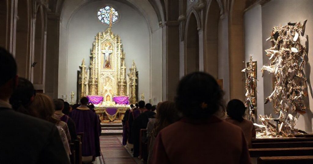 Wnętrze kościoła z tradycyjnym ołtarzem kontrastujące z wystawą współczesnej sztuki Ibrahima Mahamy.