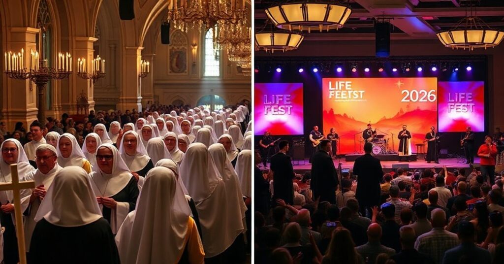 Procesja katolicka z relikwiami świętych w tradycyjnej świątyni kontrastująca z modernistycznym "Life Fest 2026"