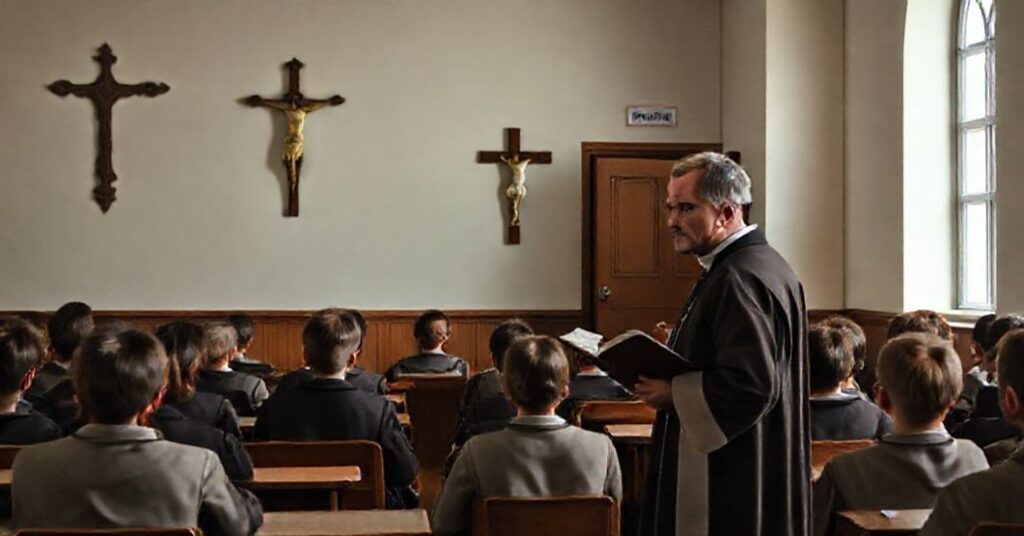 Scena w katolickiej szkole z nauczycielem w ornatach i uczniami słuchającymi katechezy. Na tle widoczny jest krzyż i budynek szkoły.