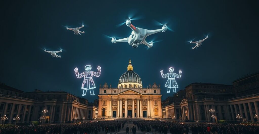 Realistyczny obraz Placu św. Piotra podczas kontrowersyjnego modlitewnego wydarzenia z dronami, ukazujący krytykę modernistycznej profanacji miejsca świętego