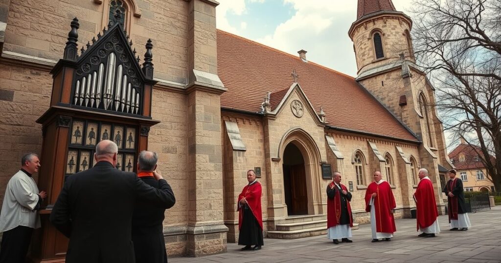 Religijna scena przed kościołem katolickim z carillonem na zewnątrz, ukazująca powagę i szacunek, unikanie surrealizmu i niedoskonałości
