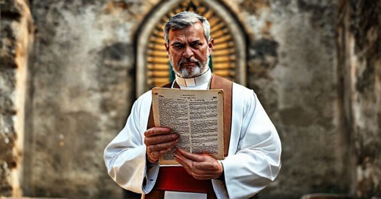 Ksiądz w tradycyjnych szatach stoi przed ruiny kaplicy w Meksyku, trzymając dokument z 1896 roku dotyczący kultu Matki Bożej z Guadalupe.