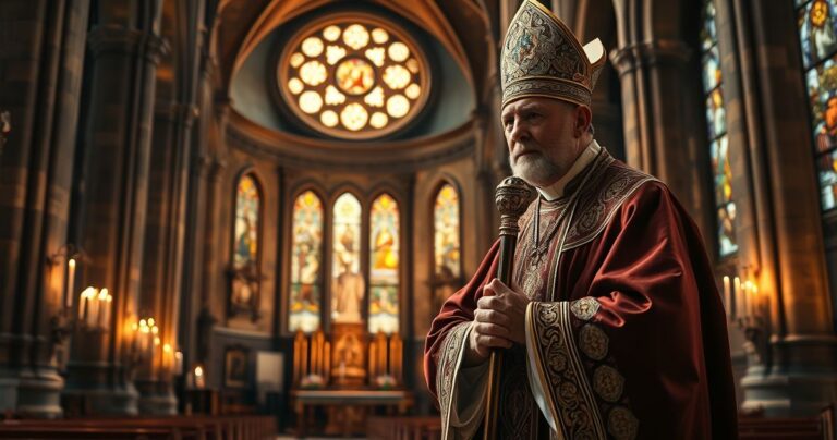 Rekolekcja katolicka w tradycyjnym wnętrzu kościelnym z biskupem, podkreślająca spokój i wierność doktrynie w obliczu kontrowersji modernistycznych nominacji