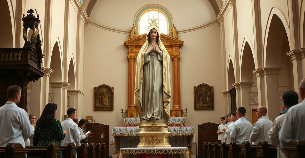 Kontrowersje wokół kultu Matki Bożej w Głębockiej tradycji katolickiej Rewersyjne, tradycyjne zdjęcie kościoła katolickiego z kontrowersyjną figurą Matki Bożej, podkreślające spór o kult i wierność nauczaniu Kościoła