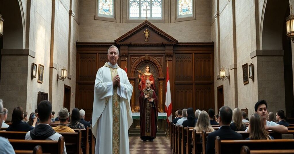 Sanktuarium katolickie wewnątrz z kapłanem i studentami, wywołujące refleksję nad kontrowersją wokół kanonizacji Frassatiego