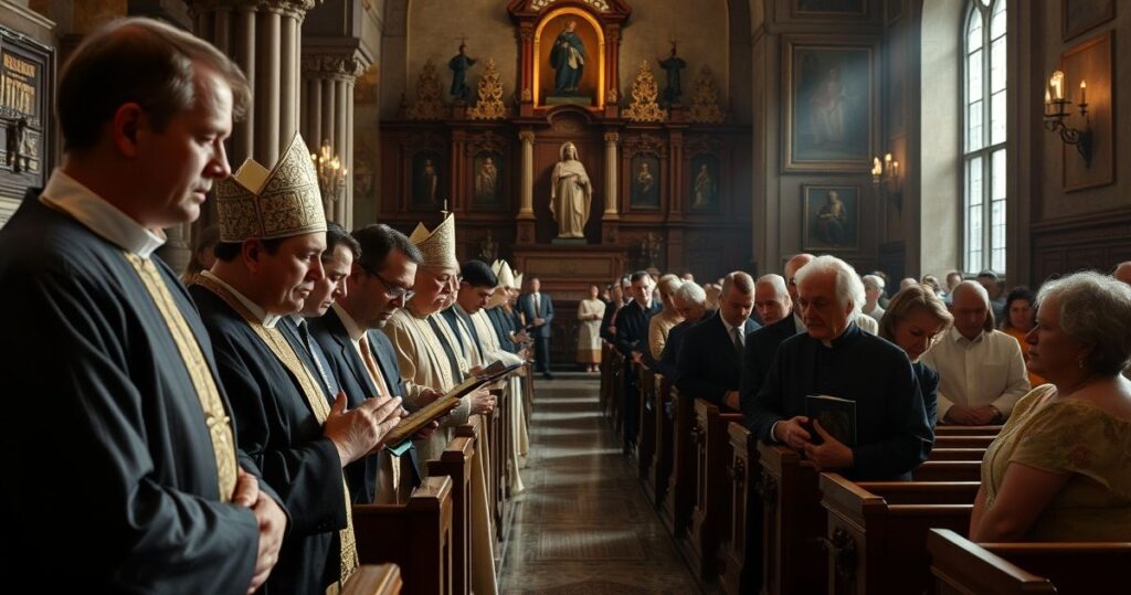Sanktuarium katolickie z duchownymi i wiernymi modlącymi się nad relikwiami świętych Carlo Acutisa i Pier Giorgio Frassatiego, ukazujące kontrowersje wokół ich kanonizacji