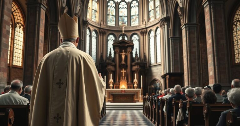 Obraz przedstawiający biskupa w tradycyjnych szatach w historycznej katedrze, symbolizujący kontrowersje w Kościele katolickim i krytykę modernistycznych obrzędów