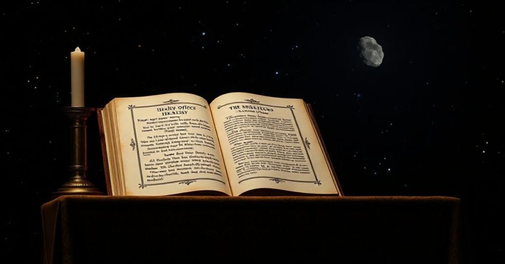 Obraz przedstawiający kontrowersję wokół nazwy asteroidy Faustyna i kultu Polskiej "światy" Helenki Kowalskiej.